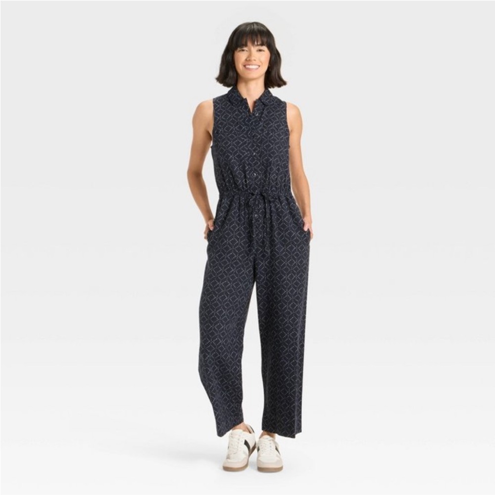 Universal Thread Linen Blend Button Front Jumpsuit Navy Print Sleeveless Size 0